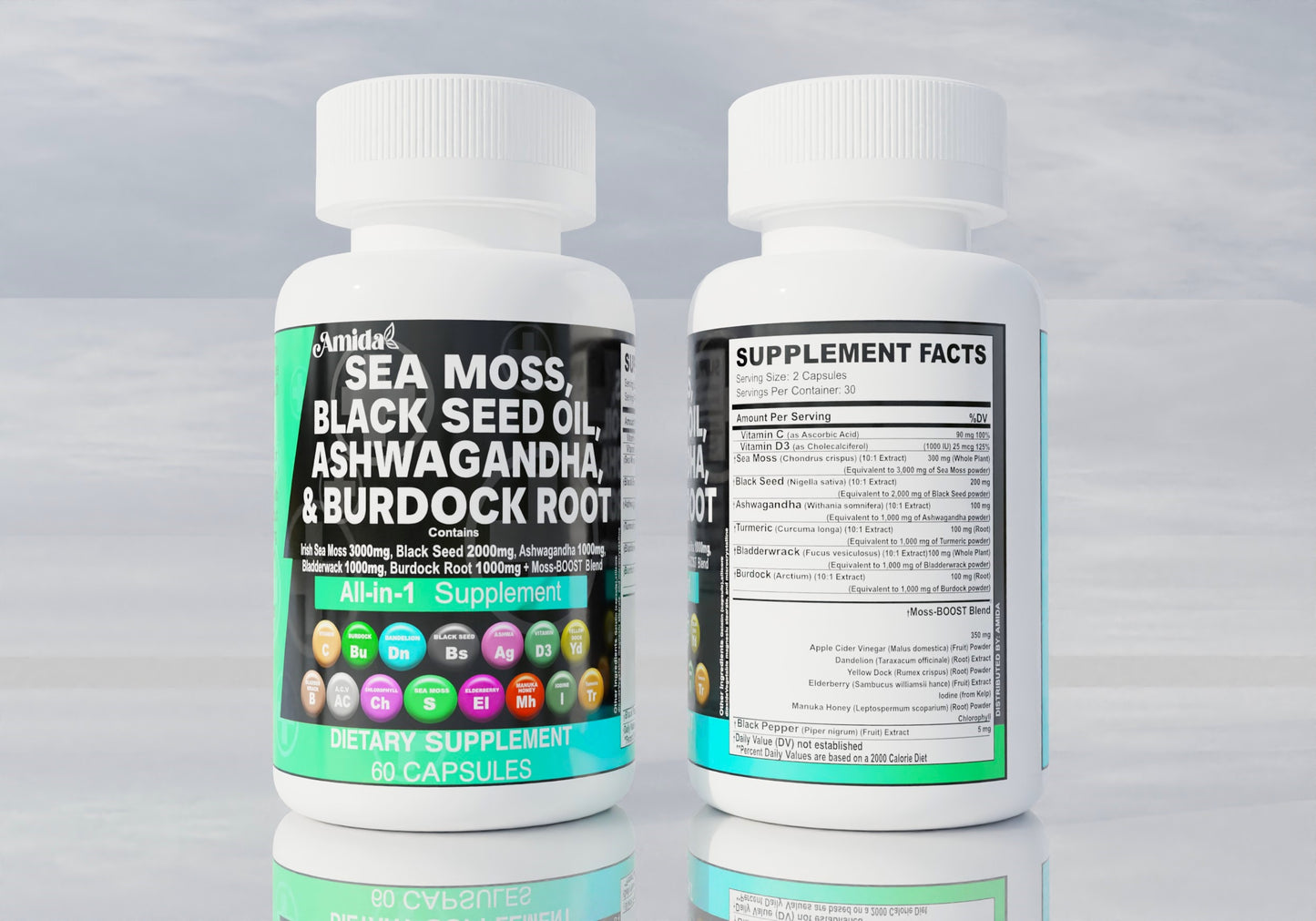 Sea Moss, Black Seed Oil, Ashwagandha & Burdock Root